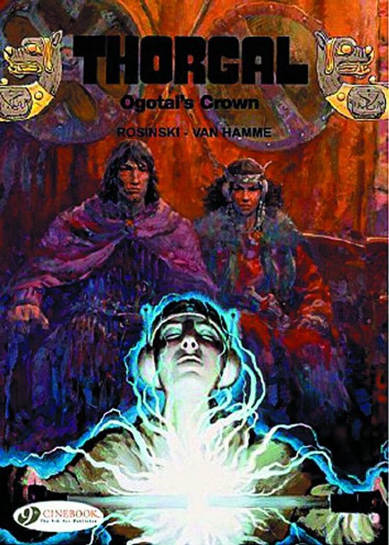 Comic "Thorgal: Ogotai's Kroon" met twee figuren op de achtergrond en een gloeiende figuur op de voorgrond.
