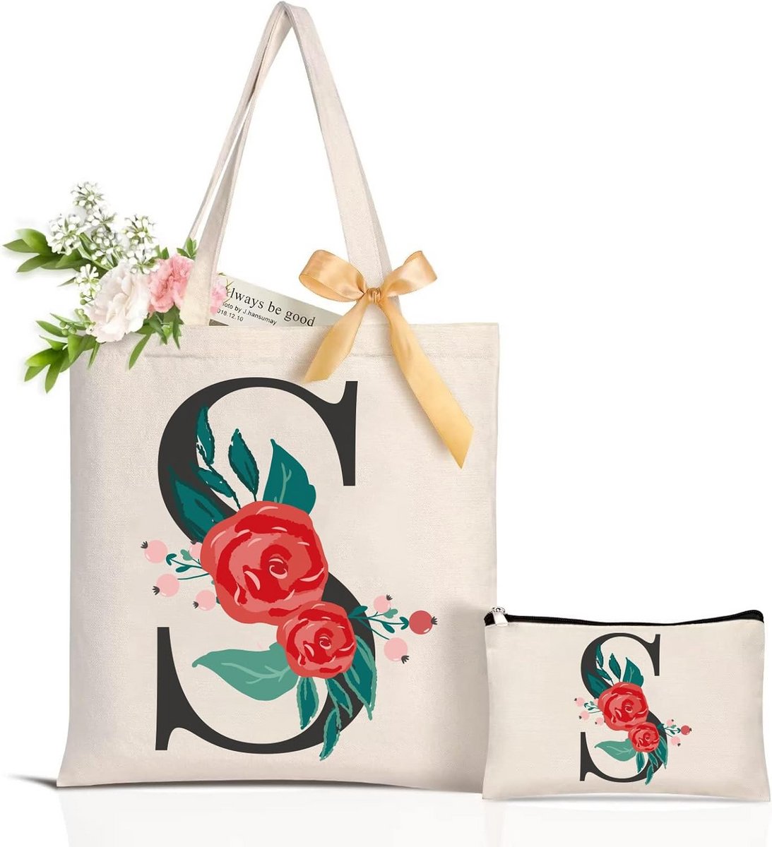 Grote Bloemen Canvas Draagtas - Herbruikbare Boodschappentas met Make-up Tasje