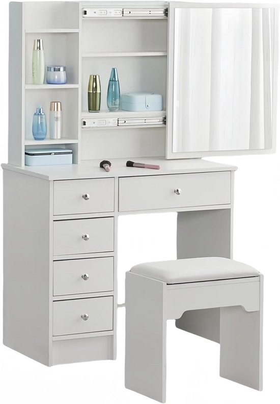 Kaptafel Witte make-upset cosmetische kaptafel met make-upspiegel en kruk Vanity slaapkamerdressoirs 2 lades nachtkastje for voldoende opbergruimte Make-up kaptafel