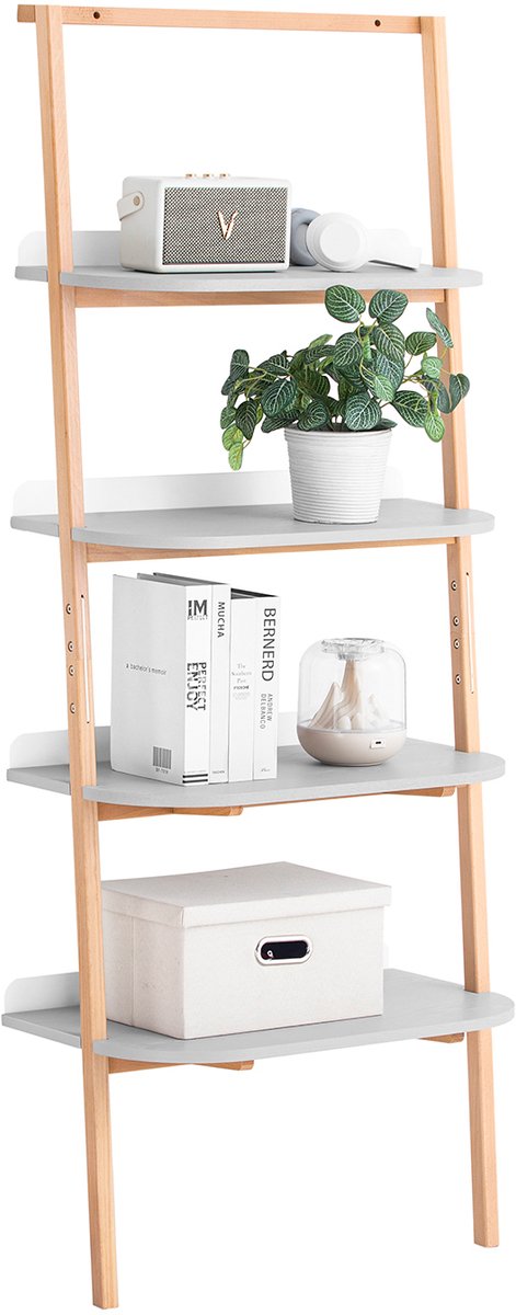 SoBuy HSTR02-HG Ladderkast met 4 Niveaus - Open Boekenkast en Opbergrek op Poten - Voor Woonkamer, Slaapkamer en Kantoor - 65 x 39 x 169 cm - Grijs Grijs, Houtkleur