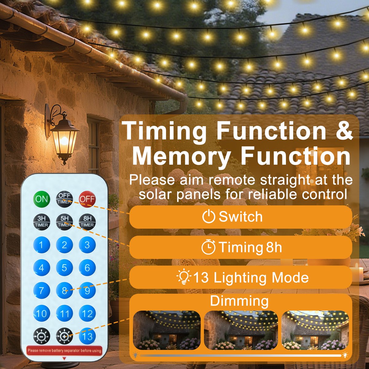 Zonne-energie Lichtslang 300 LED - 13 Lichtmodi, IP44 Waterdicht, Met Afstandsbediening & Zonnepaneel - Voor Tuin, Feesten, Kerst – foto 7