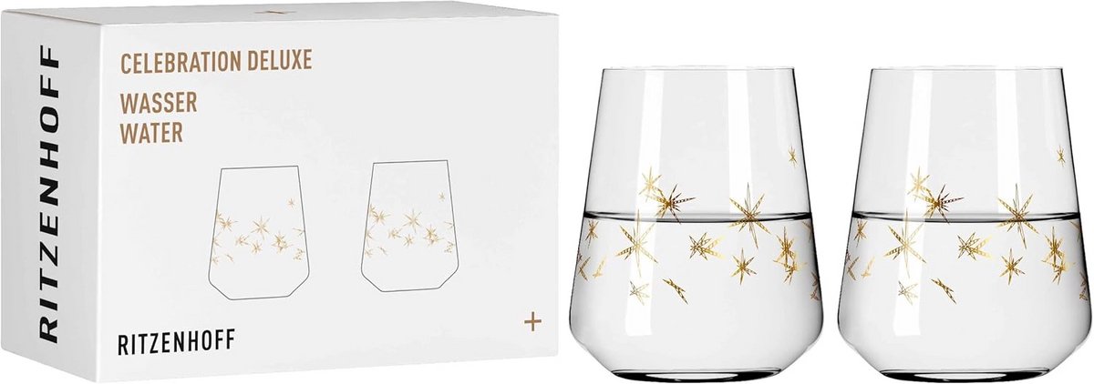 Set van 2 Waterglazen Kristalglas 500 ml met Echte Gouden Sterren - Duits Kwaliteitsglas