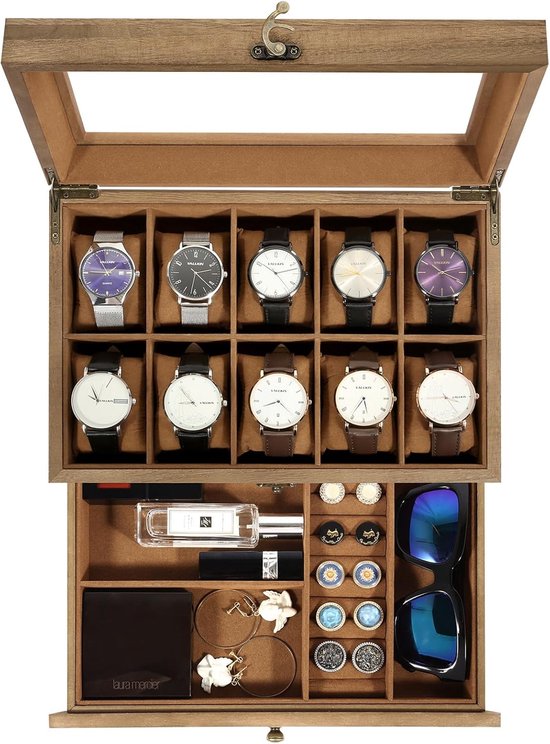 Houten horlogedoos met 10 vakken voor horloges, 2 laden met vakken voor sieraden, zonnebril en cosmetica.