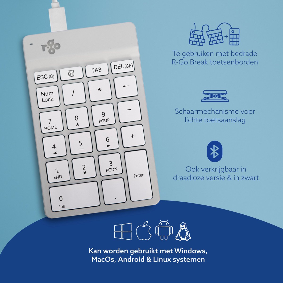 R-Go Numpad - Ergonomisch numeriek toetsenbord - Break software - USB - Wit thumbnail 6
