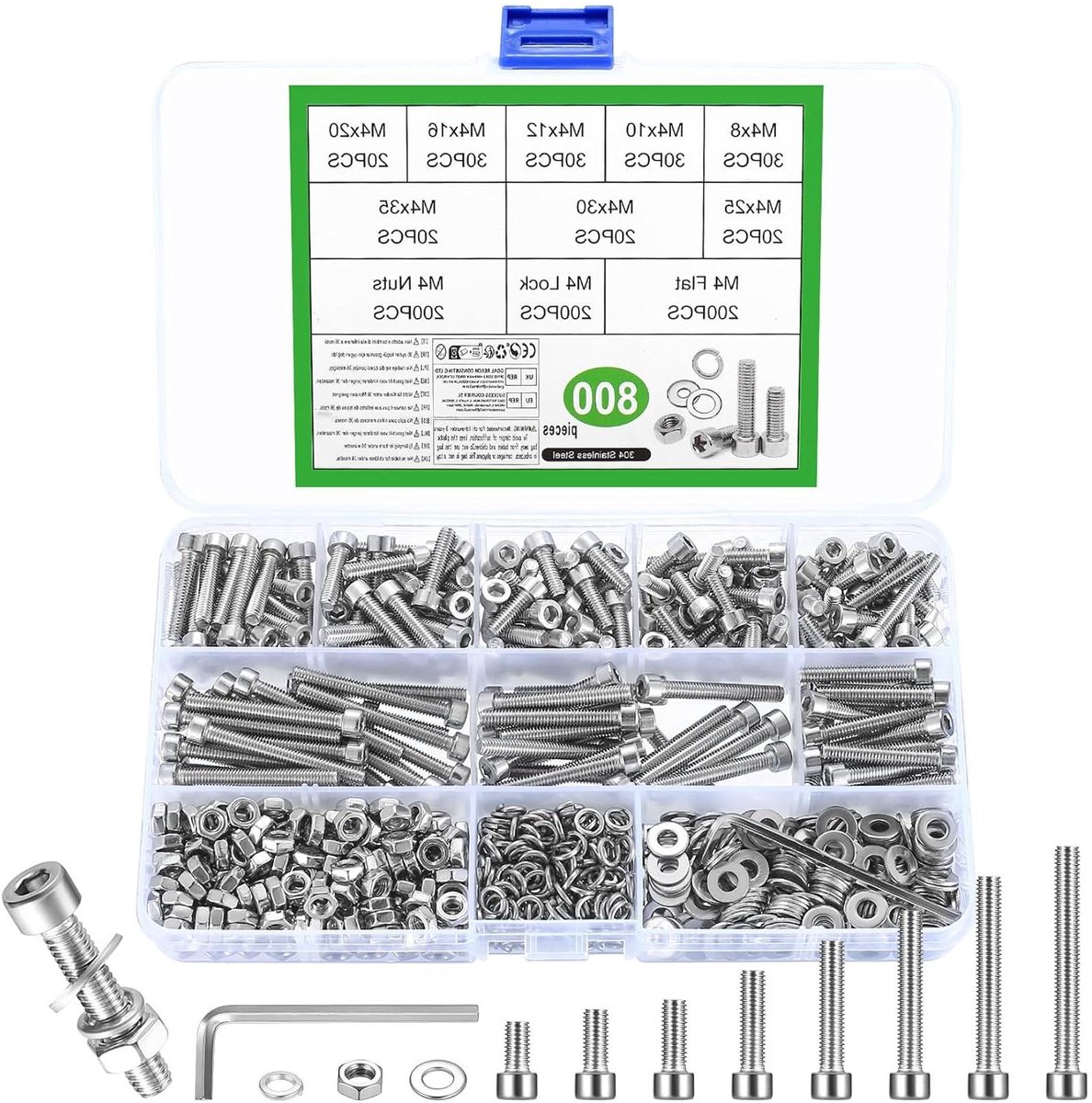 Provento - Schroevenset met 800 stuks M4 zeskantschroeven, moeren, roestvrijstalen cilinderschroeven, binnenzeskant schroeven, sluitringen en machineschroeven - assortiment.