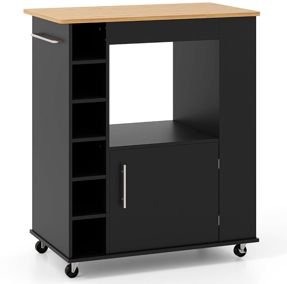 Keukeneiland - Verplaatsbaar - Keukenkast - Dressoir - Organizer - Kasten - Houten Werkblad - Lade - Zwart + Natuur