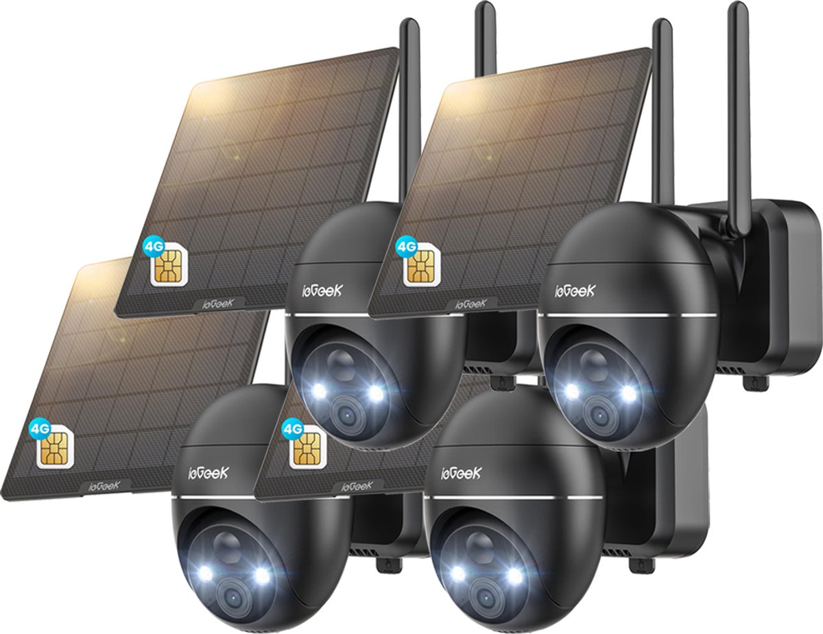 4G LTE Beveiligingscamera voor Buiten – 2K – Auto-Tracking & AI Detectie – Nachtzicht – WiFi & 4G – Zonnepaneel - Pan tilt - Full HD - Weerbestendig - AI Tracking – Inclusief SIM-kaart - Zwart - 4 stuks
