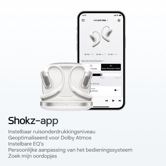 Wit Shokz OpenFit Pro oordopjes in een oplaadcase, naast een smartphone met de Shokz app.