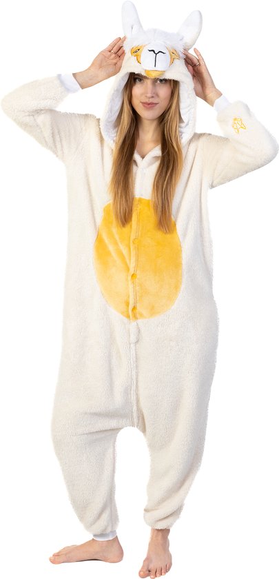 KIMU® Onesie Alpaca Lama Pak - Maat L-XL - Lamapak Kostuum Wit Pak - Jumpsuit Pyjama Zacht Huispak Dames Heren Festival