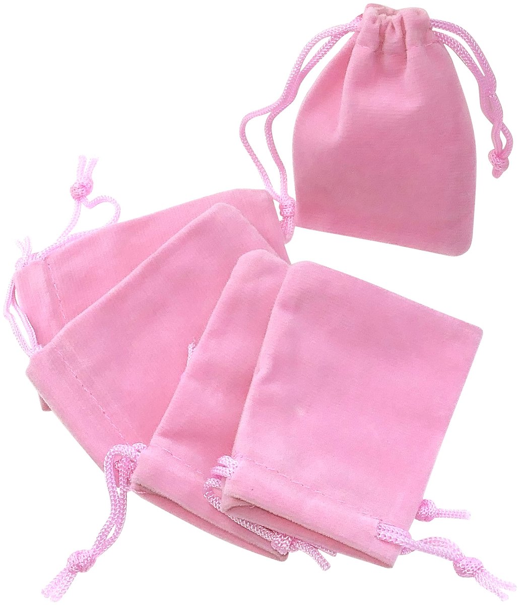 set van 5 zakjes-tassen-geschenkzakje-sieraden-cosmetica 50x70 mm - van fluweel - trekkoordsluiting - kleur roze