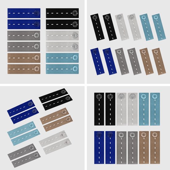 Vier afbeeldingen van broekverkleiners in verschillende kleuren en patronen, waaronder blauw, zwart, grijs en bruin.