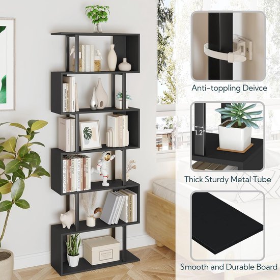 iSunirm 5-Tier Boomboekenplank, anti-tip ontwerp, 16FT moderne houten vloer staande boekenplank, voor slaapkamer, woonkamer, thuiskantoor, tijgerstrepen