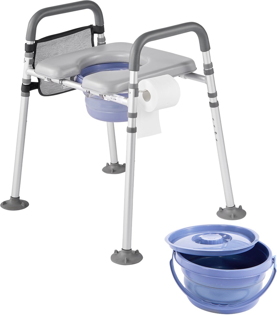 4-in-1 Nachttafel Commode Stoel Met 227 kg Draagvermogen, Draagbare Toilet en Verhoogde Zitting, Gepolsterde Zitting Armleuningen, Verwijderbare 5 L Emmer, Instelbare Hoogte Breedte voor Volwassenen en Senioren