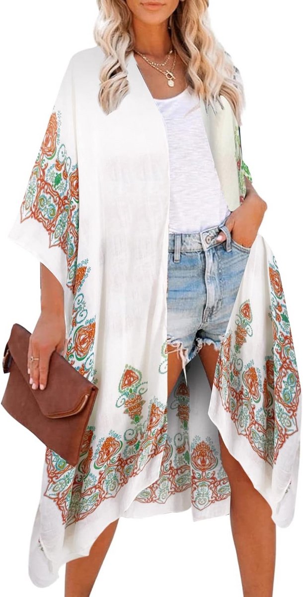 Dames Strand Kimono Vest Boho Bloemenprint Losse Strandkleding Zomer