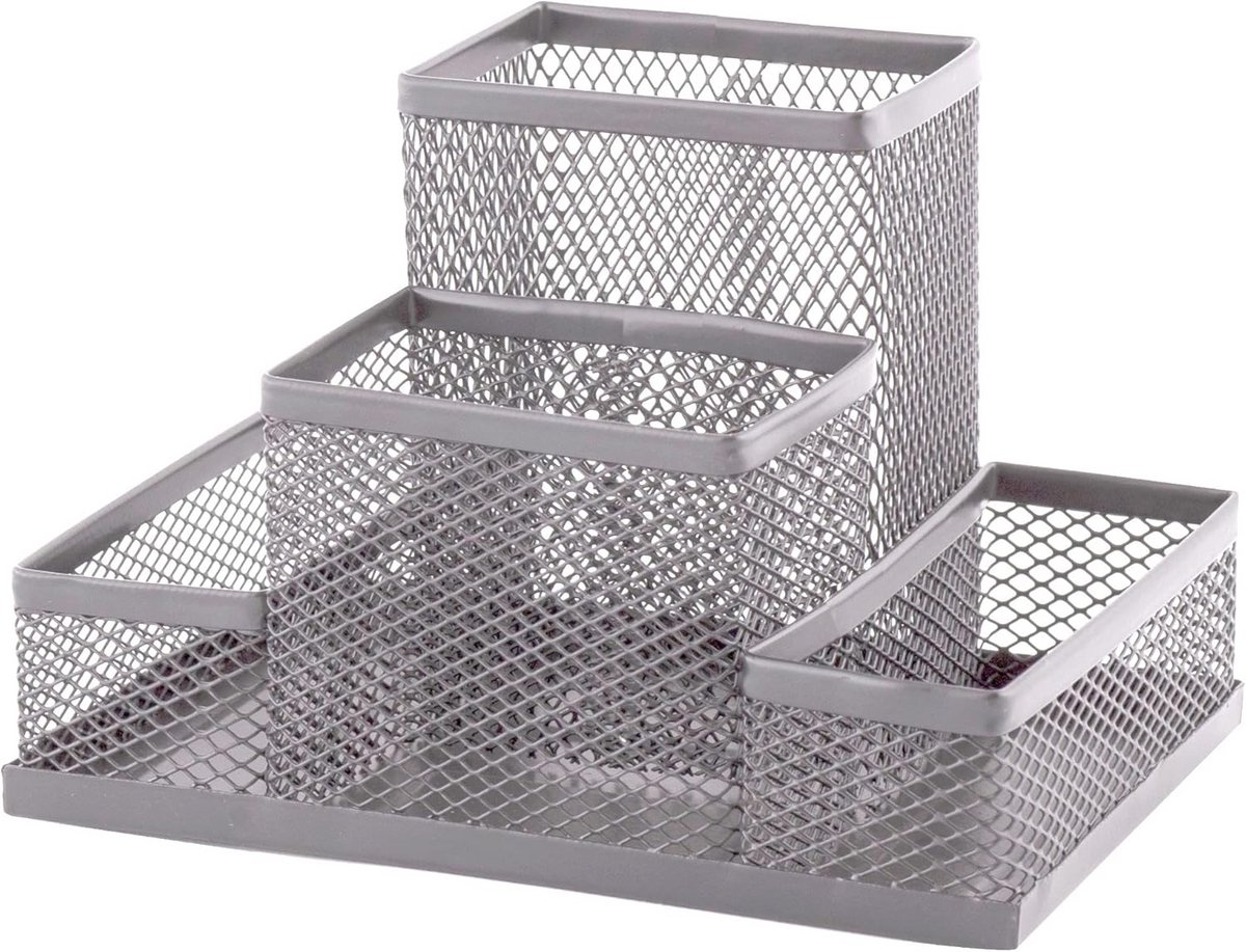 Zilveren Metalen Bureauorganizer met Pennenhouder en Notitieblok Houder