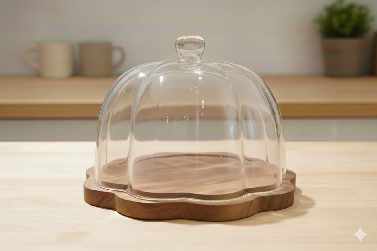 Bavary Cake Stand – Taartplateau van Acaciahout met Glazen Stolp – Ø26,5 cm – Luxe Taartschaal met Deksel