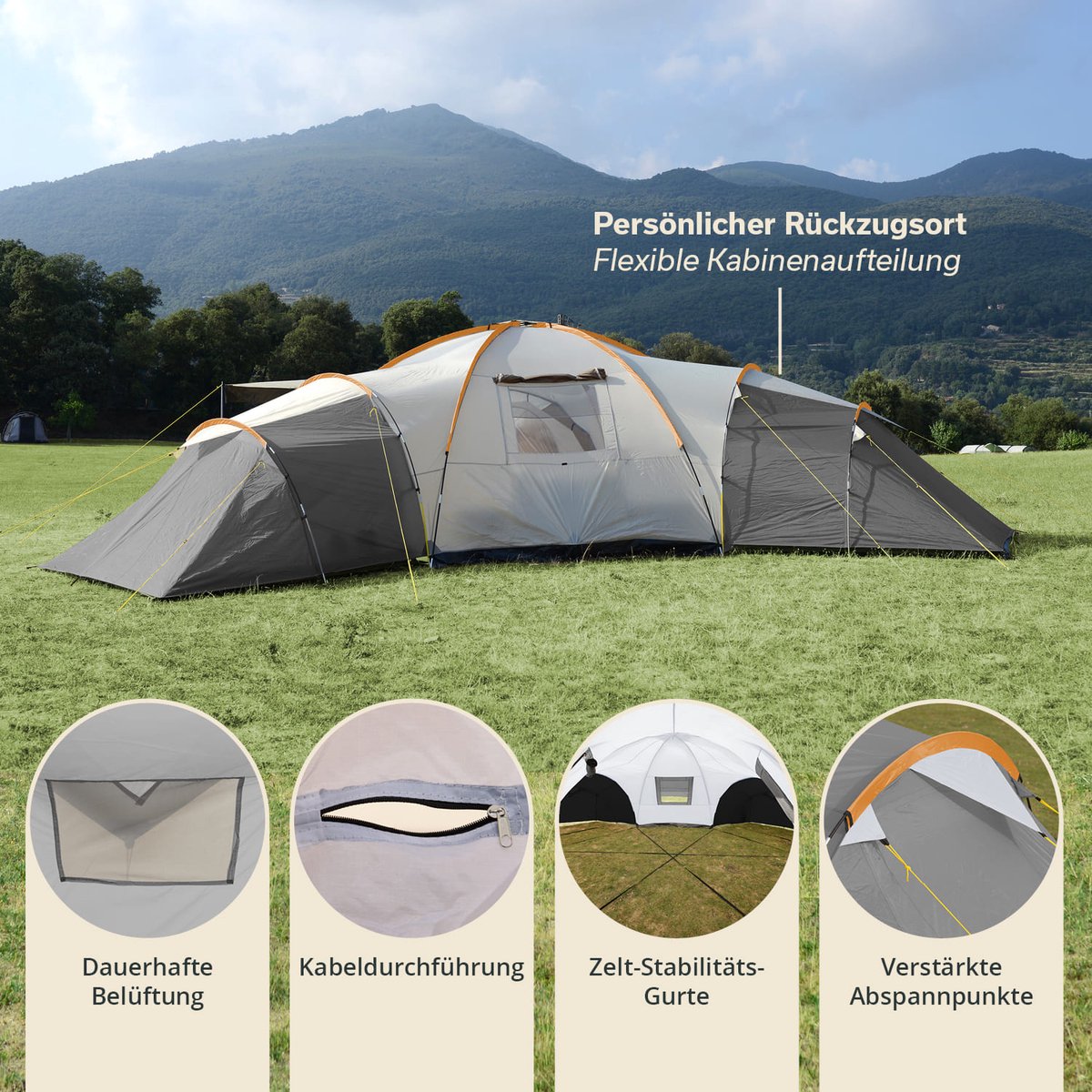 Skandika Turin Tent – Tenten – Familietent - Campingtent – Voor 12 personen – Koepeltent – Muggengaas – 3 slaapcabines - 200 cm stahoogte – Stalen stangen – 3000 mm waterkolom – Outdoor, Camping, Tuin – Kamperen – grijs/oranje – foto 3