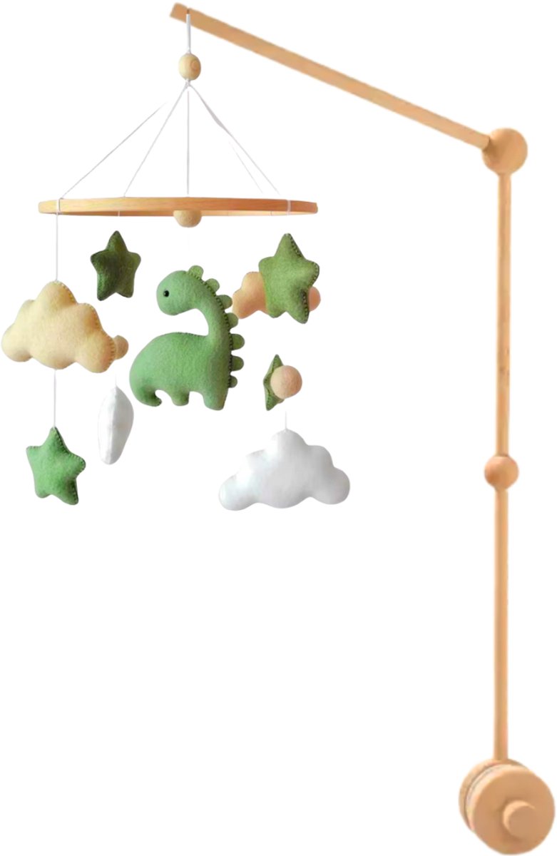 Joymaxx Baby Mobiel Baby Dino met Houten Houder - Handgemaakte Muziekmobiel met Standaard - Boxmobiel voor Wieg - Kraamcadeau Jongen - Groene Babykamer Decor