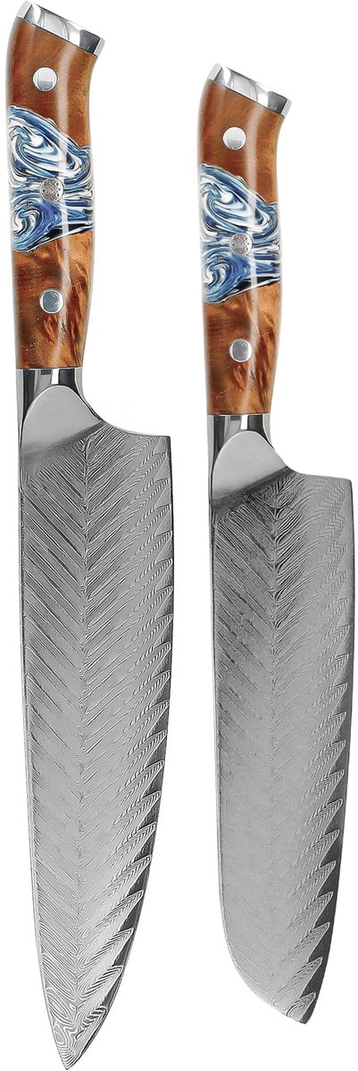 Shinrai Knives - Eclipse 2-delige Damascus Messenset - Koksmes + Santoku mes - Vleesmes - Hakmes