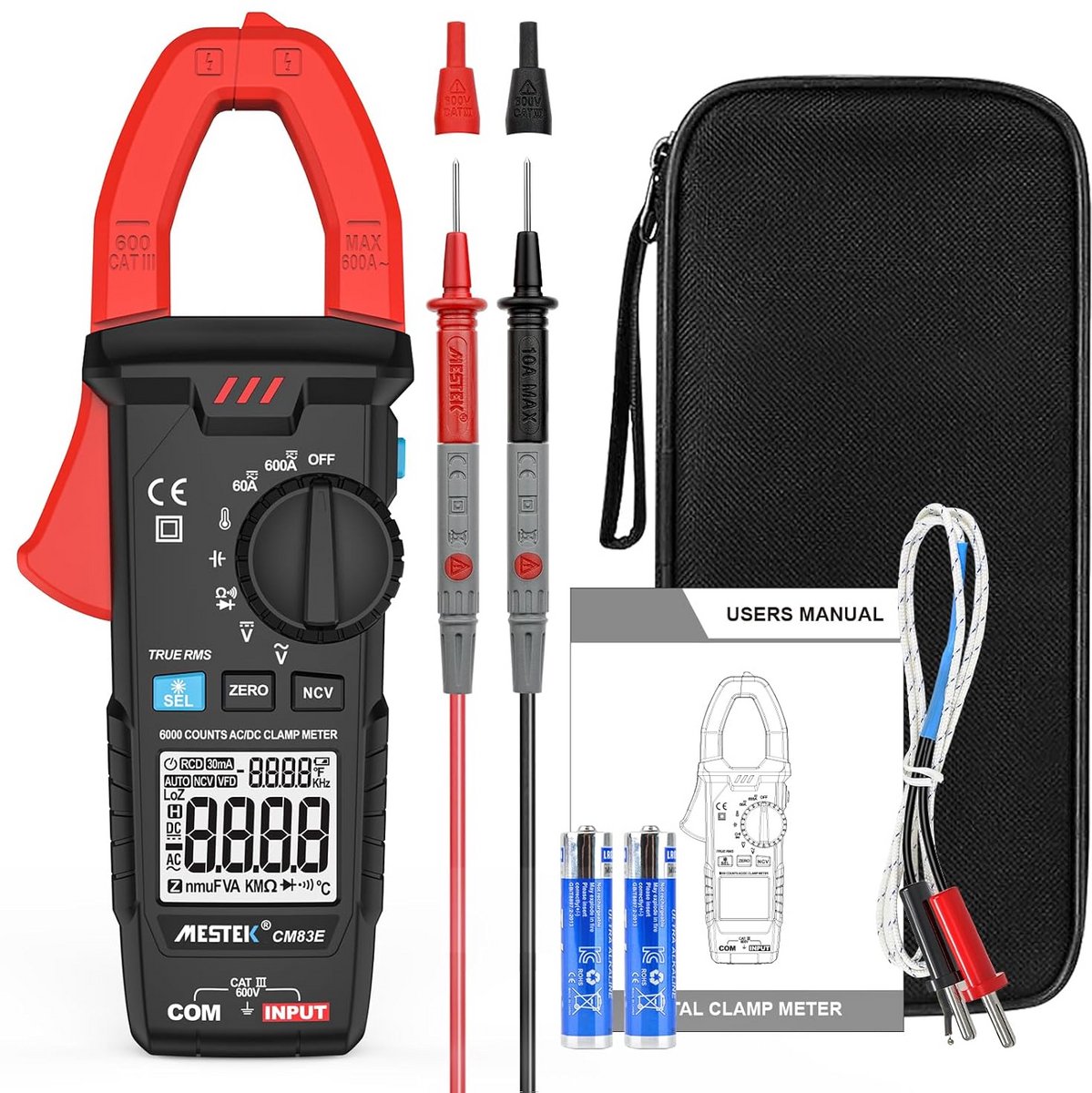 Digitale Stroomtang Multimeter AC/DC 600A True-RMS met Temperatuur, NCV en Capaciteit