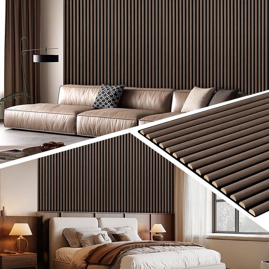 Luxe woonkamer en slaapkamer met donkere houten lamellenwanden en close-up van de houten lamellen.