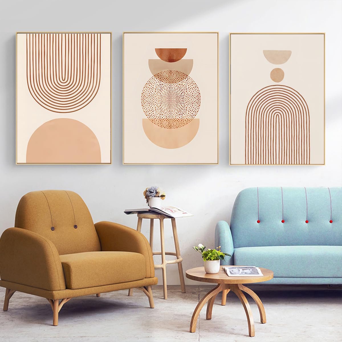Unyqoos Set van drie abstracte geometrische posters voor stijlvolle wanddecoratie beige