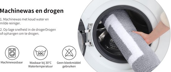 Een grijs badkleed met witte strepen wordt in een wasmachine gerold. Machinewas met koud water, wassen op 30°C, geen bleekmiddel.