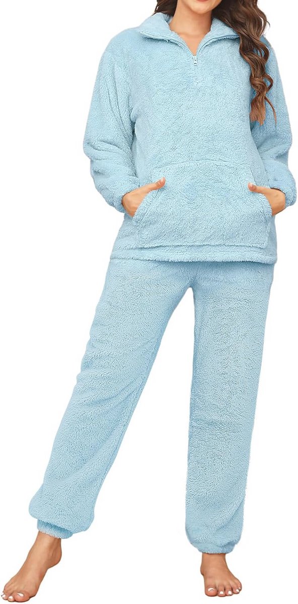 Dames Fluffy Pyjama Set met Rits en Zakken – Gezellige Winter Nachtkleding