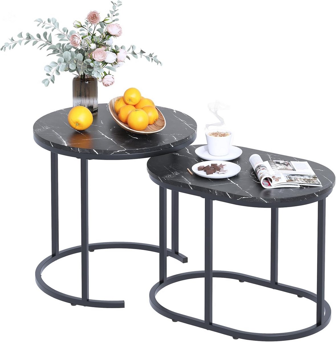 Set van 2 Ronde Nesttafels met Metalen Frame voor Woonkamer en Slaapkamer