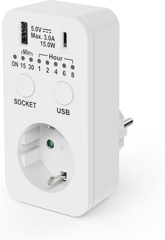 Point Contact Timer Timer Stopcontact met Countdown-Schakelaar, Programmeerbaar, 230 V, USB ...