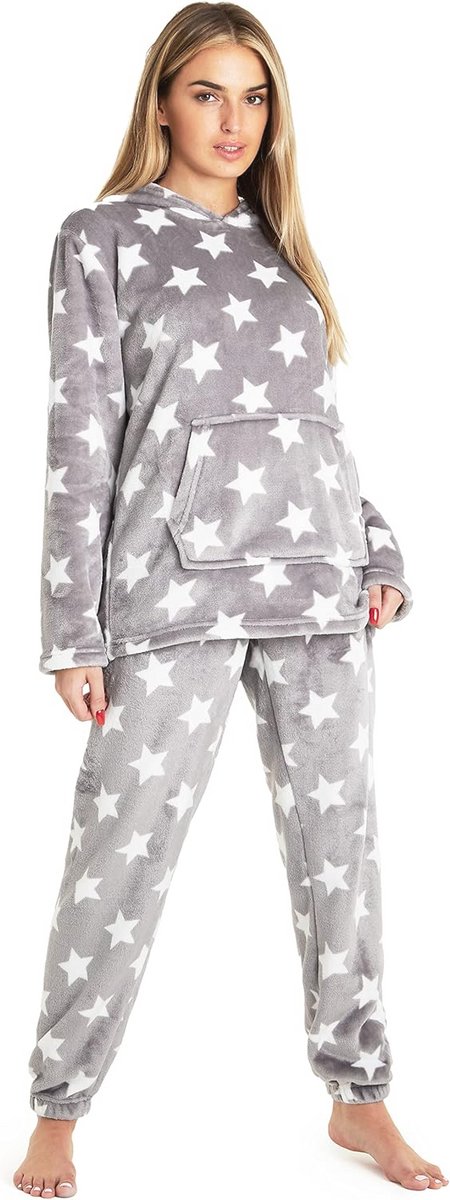 Fleece Pyjama met Capuchon voor Dames en Tieners - Gezellige Loungewear Set in Grijze Ster - Comfortabele Pluizige Pyjama's