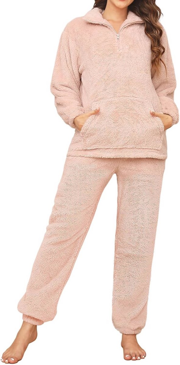 Dames Pyjama Set Fluffy Met Rits - Pluche Loungewear Voor Winter