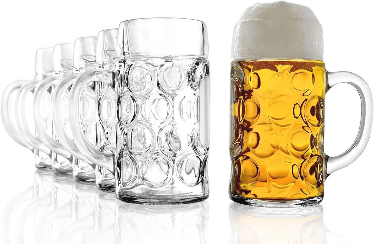 Set van 6 Bierglazen 1 Litre Vaatwasmachinebestendig – Sterk en Schokbestendig Bierglas