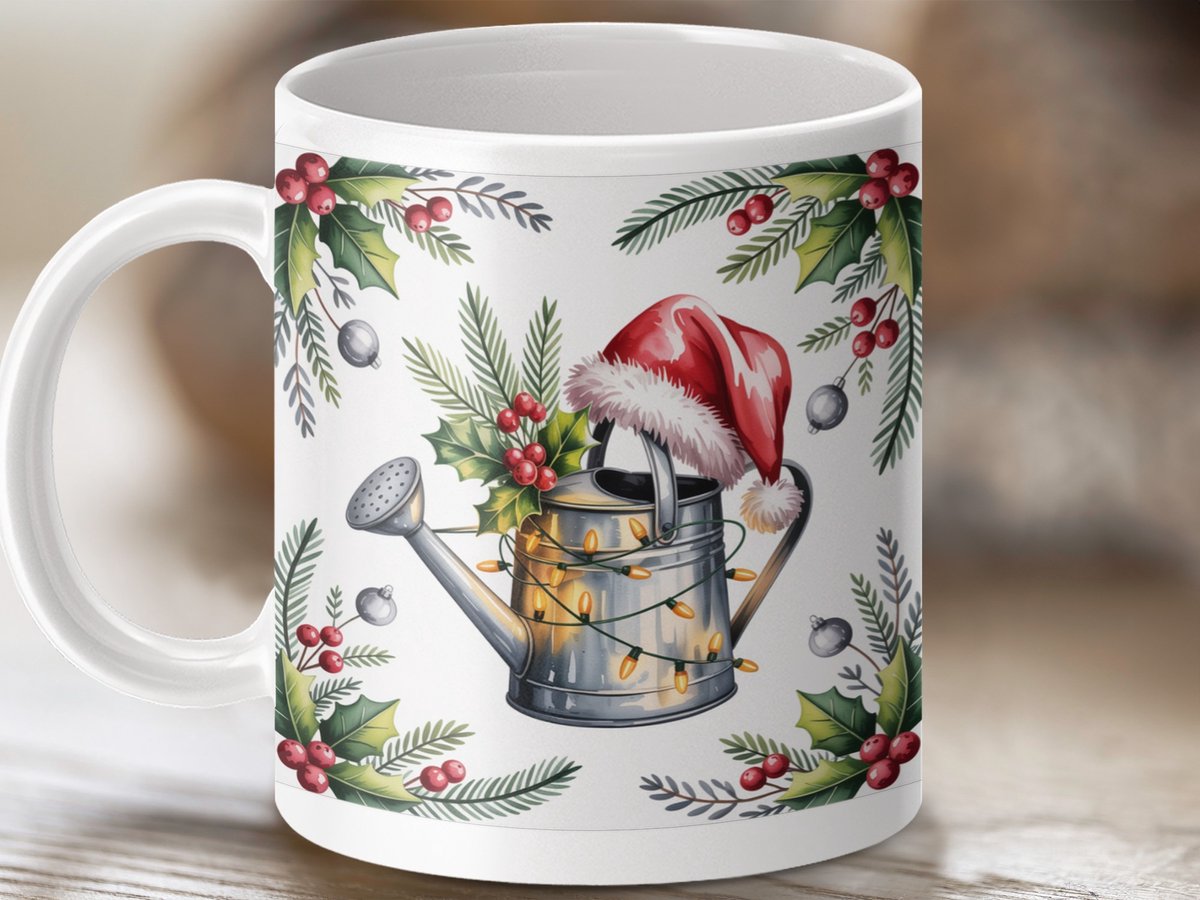 Mok Merry Christmas gieter, feestelijke mok, tuinieren mok, vakantie mok, leuke mok, mok voor haar, mok voor hem, koffiemok
