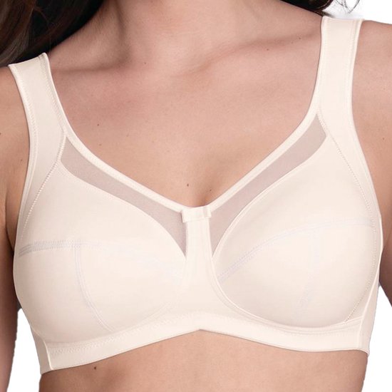 Crème beugel-bh met mesh bovenrand van de cups en brede bandjes.