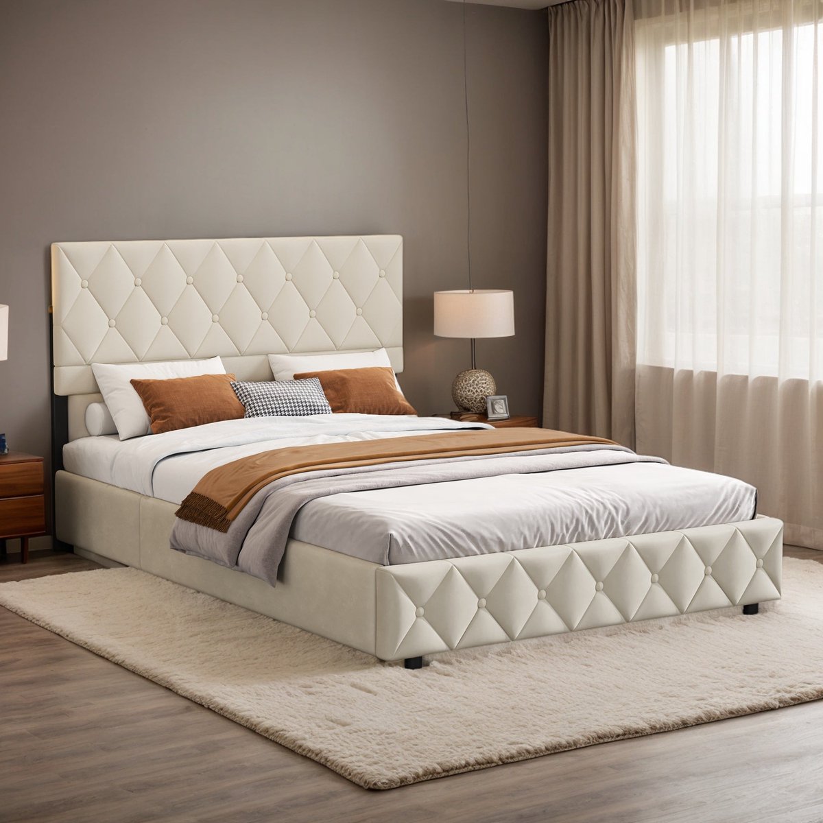 Opbergbed – Tweepersoonsbed – Gestoffeerd Bed – Boxspring – Bed met Opbergruimte – Hydraulisch Liftmechanisme – Luxe Velours Bekleding – 180x200 cm – Lichtgrijs Beige