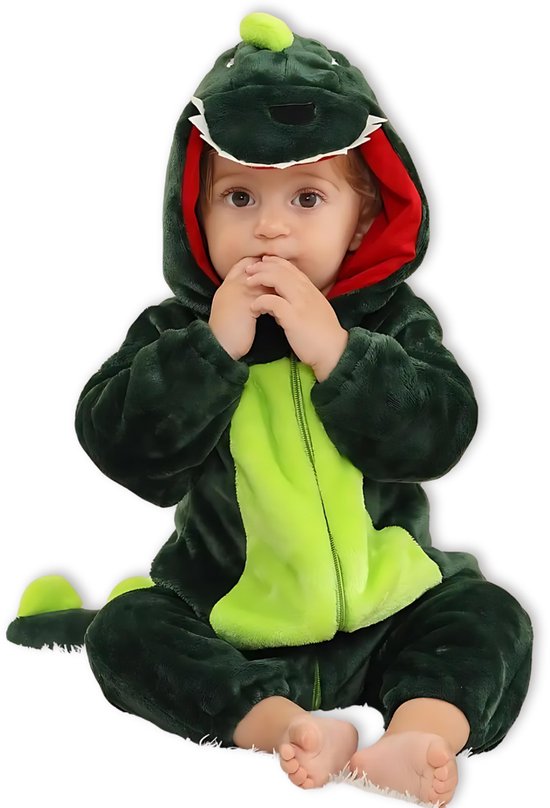 BoefieBoef Dinosaurus Baby Onesie - Peuter Pyjama Kinderen 6 maanden - 2 jaar – Verkleedkleding met Luierrits – Carnaval Dierenpak - Kerst Sinterklaas en Kraamcadeau Tip – Flanel - Romper - Boxpak - Jongens - Meisjes - Kruippak - T-Rex - Donker Groen