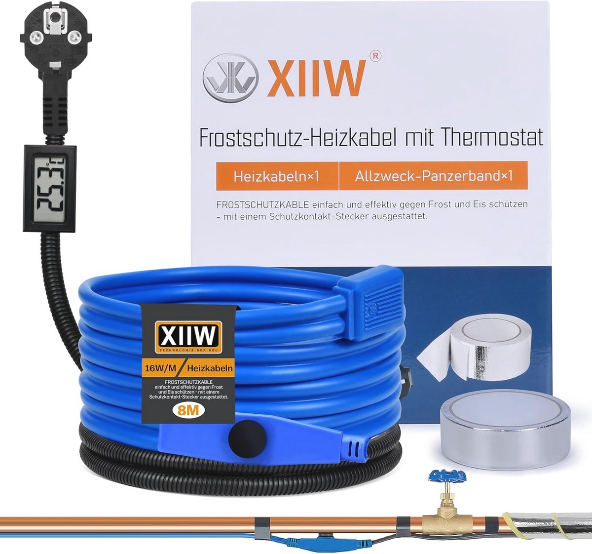 Vorstbescherming verwarmingskabel met thermostaat en temperatuurweergave - 8m 230V