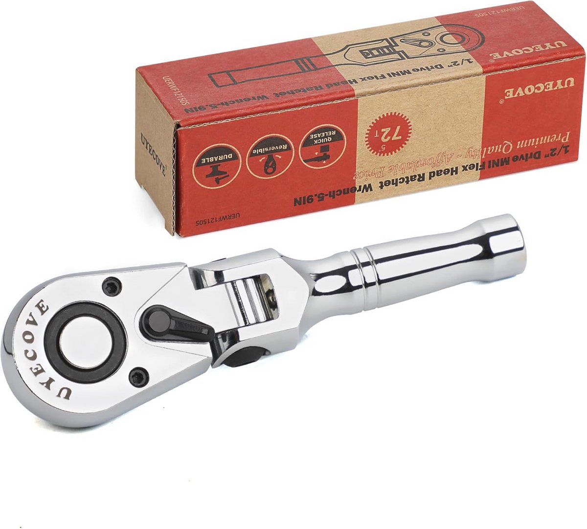 Stubby Ratel 1/2 Inch Drive met Flex Hoofd - Mini Ratelsleutel voor Dopsleutelgebruik - 72 Tanden Quick Release Mechanisme - 150mm