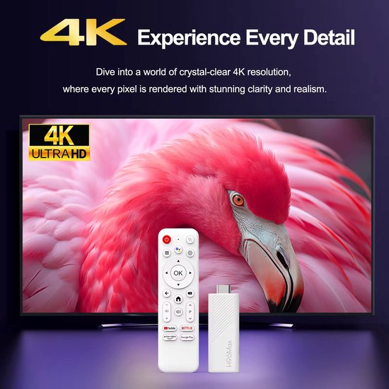 TV met een roze flamingo in 4K-resolutie, naast een witte afstandsbediening en TV stick.