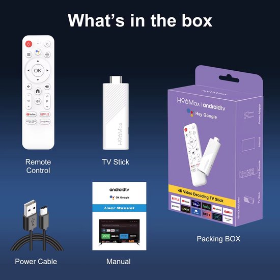 Wat er in de doos zit: Afstandsbediening, TV Stick, Handleiding en Stroomkabel.