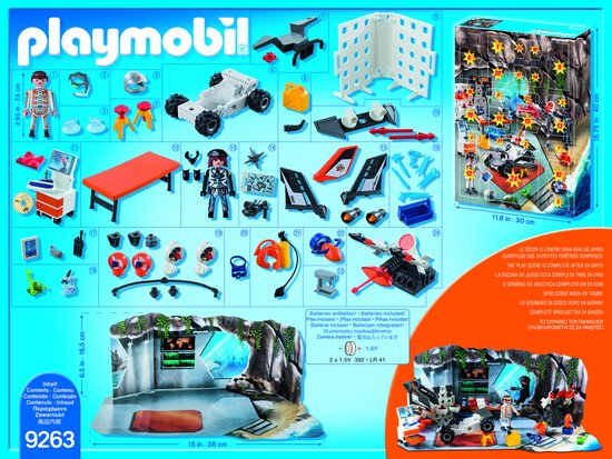 Onderdelen Playmobil Adventskalender Top Agents 9263: uitrusting, voertuigen, figuren en onderdelen, in doos.