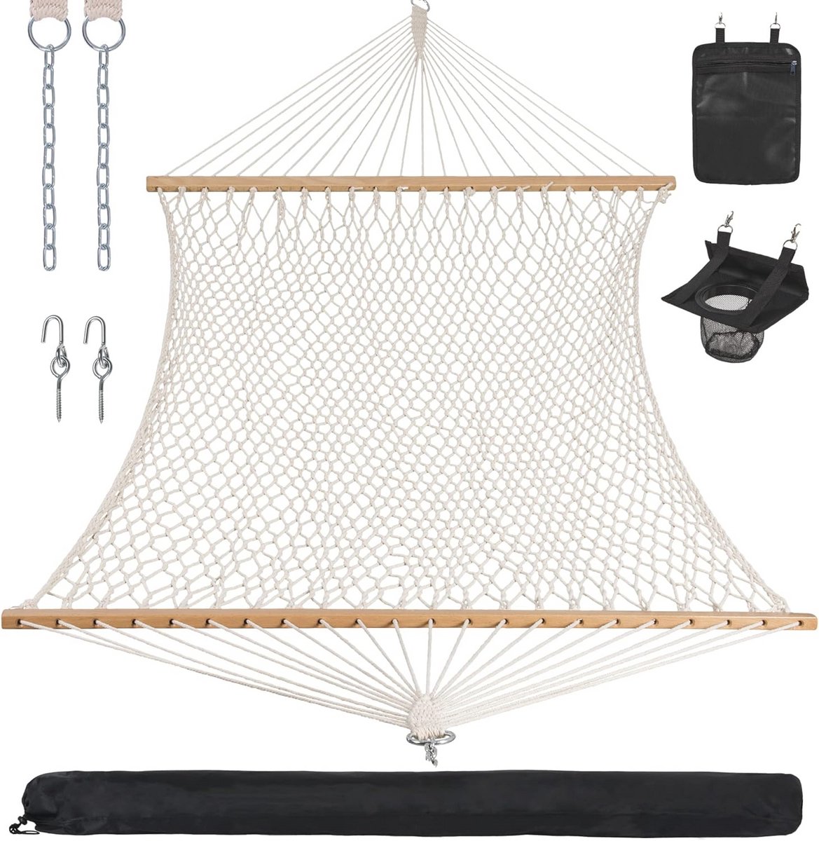 Dubbele Touwen Hangmat met Hardhout Spreiderbalk en Draagtas - Tot 204 kg Capaciteit voor Twee Personen