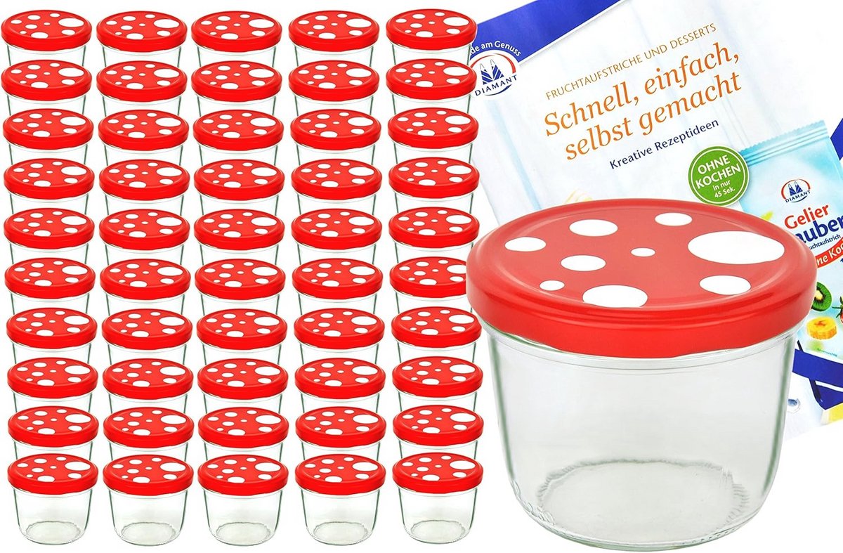 Set van 50 weckpotten 230 ml met rood-witte stippen deksels en receptenboekje