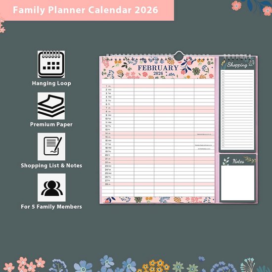 Familiekalender 2026 met 5 kolommen en boodschappenlijst
