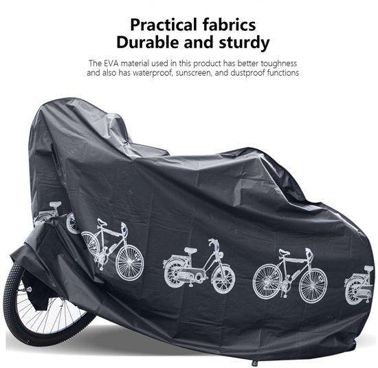 Zwarte fietshoes met witte fietsafbeeldingen. De hoes bedekt een fiets. Tekst: Praktische stoffen, duurzaam en stevig.