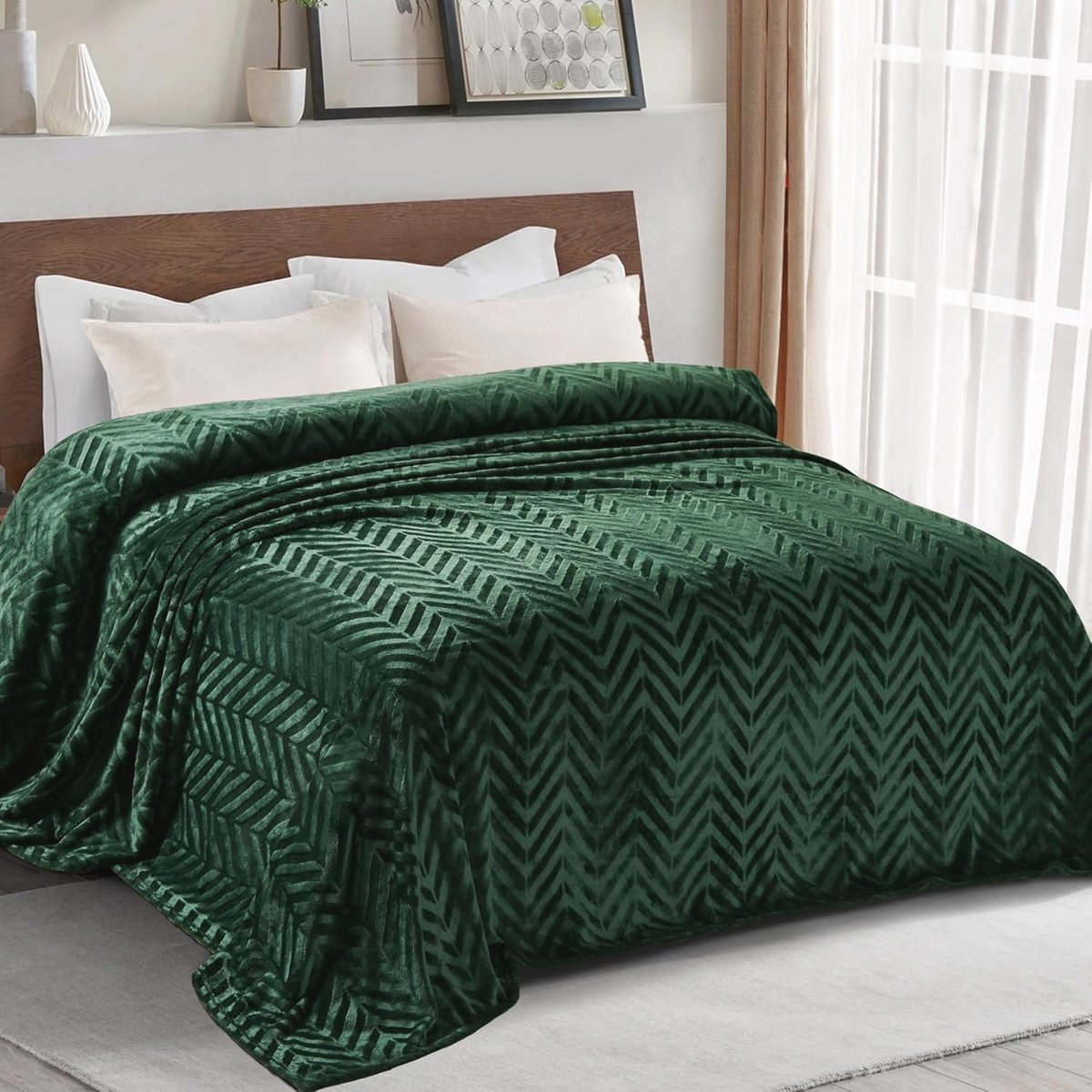 Knuffeldeken met Chevron Patroon - 150 x 200 cm - Warme Fleece Deken - Donkergroen