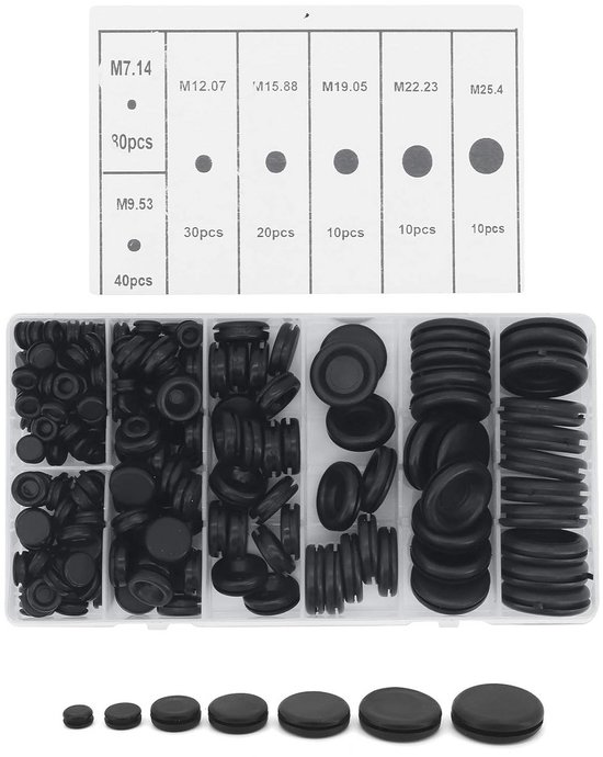 Rubberen Doorvoertules Assortiment – 125 Stuks – 18 Maten – Zwart – Met Organizerbox – Voor Bedrading, Sanitair En Industrie