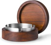 2 stuks Houten asbak met deksel, roestvrijstalen binnenbak, grijze bak, winddicht en duurzaam, gemakkelijk schoon te maken. Geschikt voor binnen en buiten, op het terras, op kantoor en thuis.