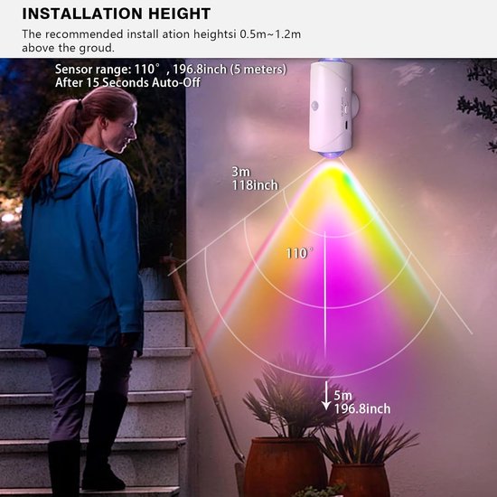 Nachtlampje met bewegingssensor - 2-pack - Draadloze sfeerverlichting voor de nacht - RGB-lampen met dubbele kop - 4,8*4,8*11 cm - Inclusief USB-oplaadkabel en afstandsbediening - Geschikt voor binnen- en buitengebruik van Merkloos — afbeelding 3